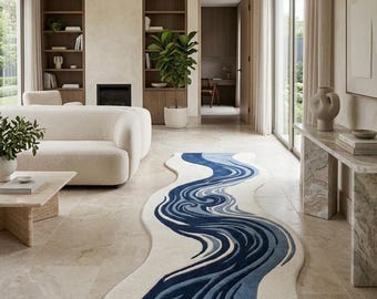 Blue Abstract Runner Rug, Modern Wavy Hallway Rug, Irregular Shape Area Rug, Handmade Tufted Carpet, Contemporary Minimalist Home Decor Rug