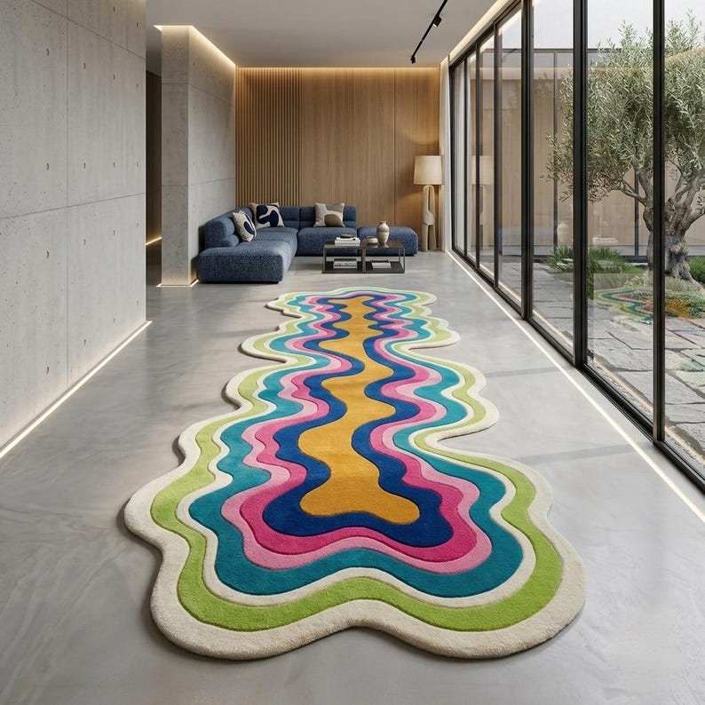 Colorful wavy abstract area rug featuring layered organic curves in green, turquoise, pink, navy blue, mustard yellow, and ivory. Plush raised tufted texture and sculptural irregular shape create a bold modern statement. Shown in a luxury hallway and on a neutral floor, this colorful area rug is ideal for living rooms, bedrooms, hallways, studios, offices, and contemporary interiors.