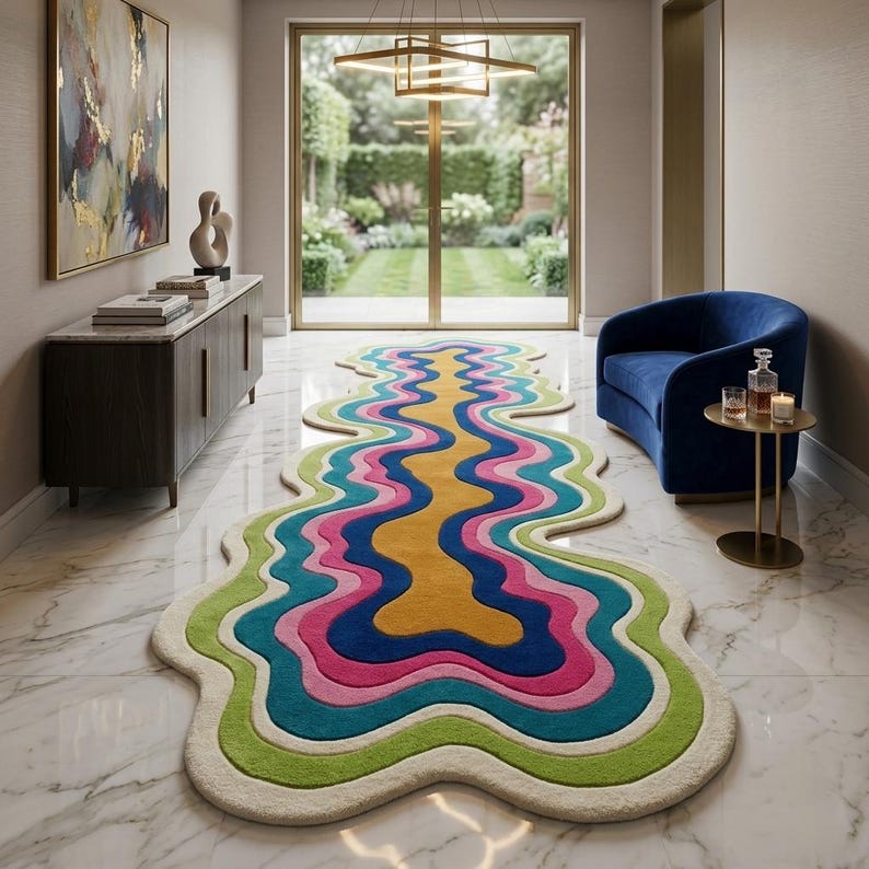Colorful wavy abstract area rug featuring layered organic curves in green, turquoise, pink, navy blue, mustard yellow, and ivory. Plush raised tufted texture and sculptural irregular shape create a bold modern statement. Shown in a luxury hallway and on a neutral floor, this colorful area rug is ideal for living rooms, bedrooms, hallways, studios, offices, and contemporary interiors.
