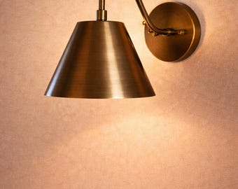 Mid Century Modern Brass Wall Sconce – Antique Cone Shade Light, Minimalist Handmade Wall Lamp