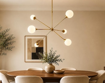 Mid Century Sputnik Chandelier, Raw Brass Globe Chandelier, 6 Light Ceiling Fixture, Pendant Light