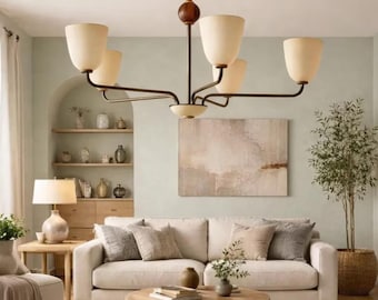 Lámpara de araña de latón italiana de mediados de siglo / Lámpara de techo lineal de 5 brazos