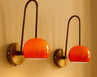 Mid Century Modern Brass Wall Sconces Orange Dome Lamps