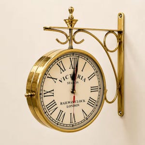 Vintage Brass Double-Sided Railway Station Clock, Victorian London Wall Mount