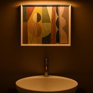 May include: A white oval vessel sink with a tall metallic faucet positioned below a rectangular framed painting. The artwork features abstract geometric shapes in shades of yellow, green, red, and black, illuminated by a horizontal wall light.