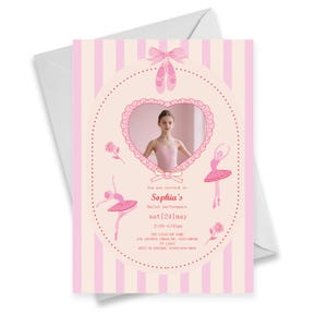 Op de afbeelding: Roze ballet-thema uitnodiging met een foto van een jonge ballerina in een hartvormige lijst. De uitnodiging bevat tekst, illustraties van balletdansers en een strik. De tekst luidt "Sophia's Ballet performance sat 24 may".