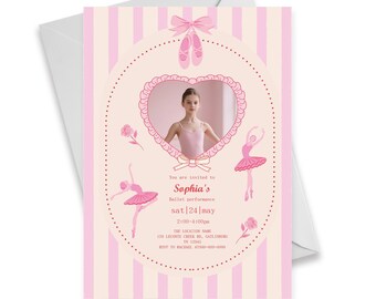 Convite personalizado para recital de balé com foto, convite rosa para festa de dança de bailarina