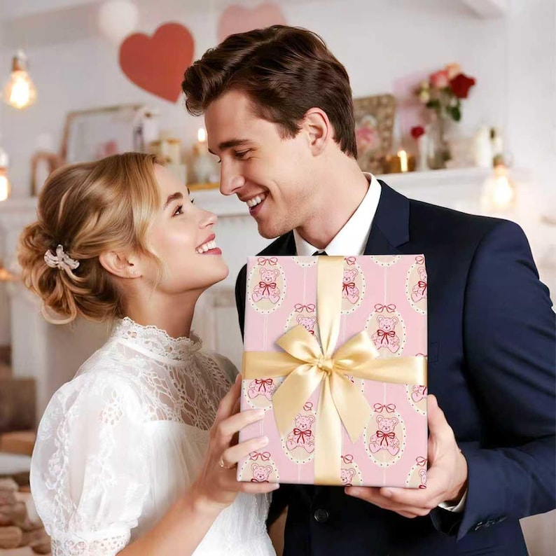 Pode incluir: Um presente embrulhado em papel rosa com um padr&atilde;o de ursinhos de pel&uacute;cia, amarrado com uma fita e la&ccedil;o dourados. O presente est&aacute; sendo segurado por um casal. Decora&ccedil;&atilde;o de cora&ccedil;&atilde;o no fundo.