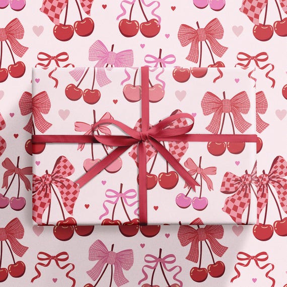 Cherry Bow Valentine Wrapping Paper, Pink Girly Gift Wrap with Cherries, Bows & Hearts