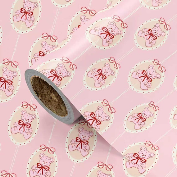 Valentine Teddy Bear Wrapping Paper, Pink Cute Bear Gift Wrap, Sweet Romantic Paper for Valentine’s Day & Anniversary Gifts