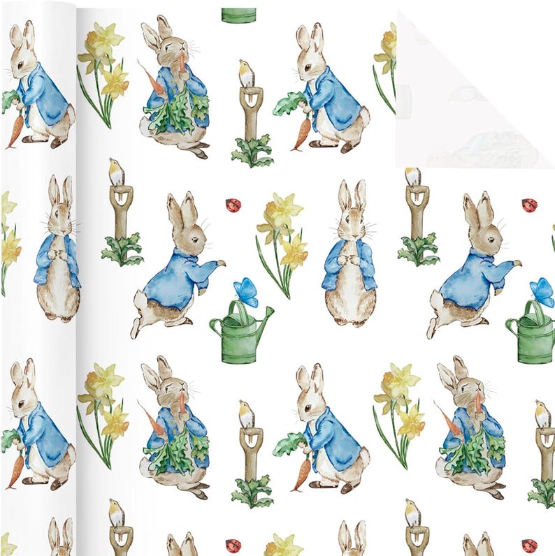 May include: White wrapping paper with a repeating pattern of Peter Rabbit illustrations. The design features rabbits in blue jackets, carrots, daffodils, watering cans, and birds. The overall color palette is soft and pastel.