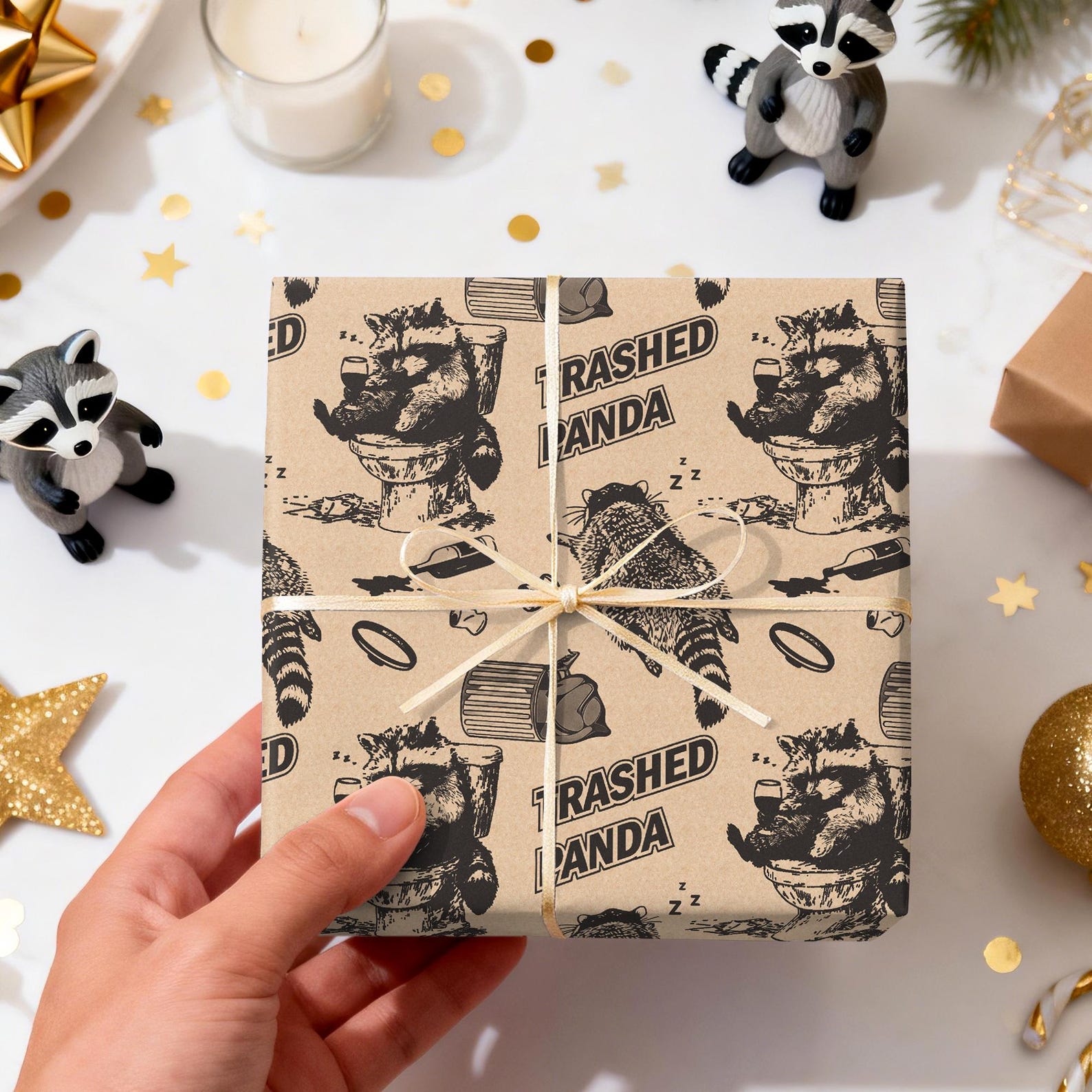 Funny Raccoon- Drunk Trash Panda Gift Wrap on Natural Kraft Background ...