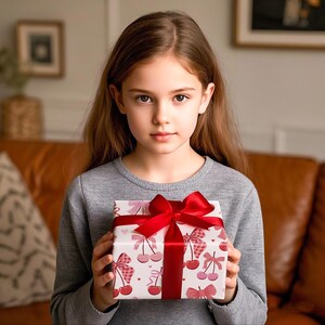 May include: A young person holding a gift box wrapped in white paper with a cherry and bow pattern. The box is tied with a wide red satin ribbon and bow. The person is wearing a gray long-sleeved shirt.
