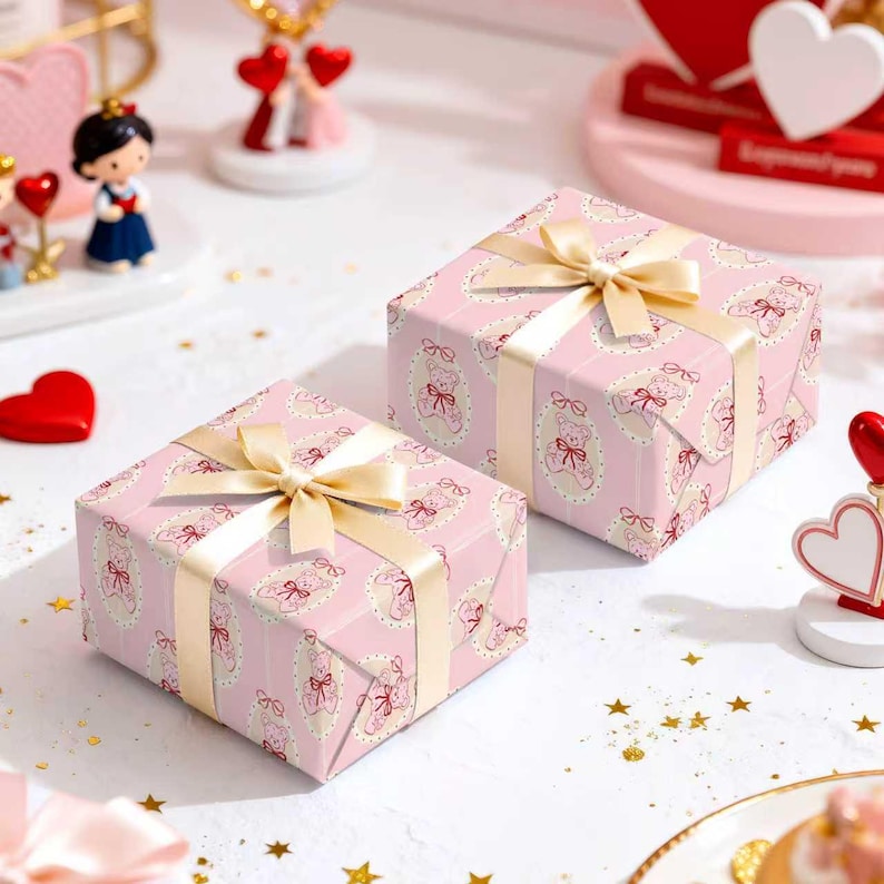 Pode incluir: Duas caixas de presente quadradas embrulhadas em papel rosa com um padr&atilde;o repetido de ursinhos em molduras ovais. Cada caixa &eacute; amarrada com uma fita e la&ccedil;o de cetim dourado. As caixas est&atilde;o em uma superf&iacute;cie branca.