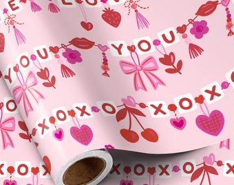 XOXO Valentine Wrapping Paper, Pink Love You Gift Wrap with Bows, Hearts & Galantines