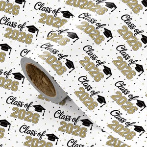 Class of 2026 Wrapping Paper Roll, Graduation Gift Wrap 2026, Black Gold Grad Party Gift Wrap for High School or College
