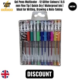 May include: A pack of 12 glitter gel pens in a range of colours, with a 0.5 mm fine tip. The pens are quick-drying and waterproof. The packaging displays the text "Gel Pens Multicolor" and "DISCOUNT".