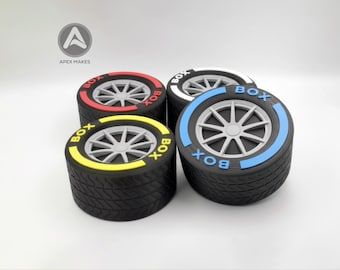 F1 Style 3D Printed Tire Storage Boxes Set of 4 - Racing Wheel Containers with Coloured Rims | Motorsport Decor Formula 1 BOX BOX BOX