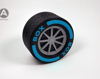 F1 Style 3D Printed Tire Storage Boxes - Racing Wheel Containers with Coloured Rims | Motorsport Decor Formula 1 BOX BOX BOX