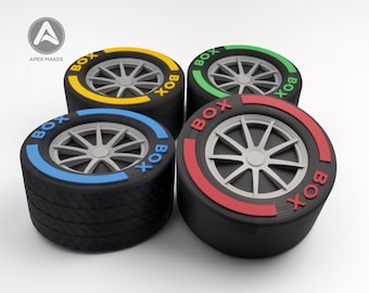 F1 Style 3D Printed Tire Storage Boxes Set of 4 - Racing Wheel Containers with Coloured Rims | Motorsport Decor Formula 1 BOX BOX BOX