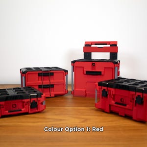 May include: A collection of four red and black modular storage cases with secure metal latches and textured lids. The set includes various sizes, with one taller unit featuring a top handle. The text APEX MAKES and Colour Option 1: Red are visible.