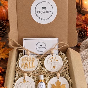 May include: A cardboard gift box containing four round white clay ornaments with gold accents, featuring a pumpkin, a maple leaf, a mushroom, and the text HELLO FALL. A small glass bottle with a Clay & Bow label is included, along with a branded card.