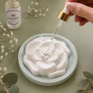 May include: A white flower-shaped diffuser stone resting on a sage green circular tray. A glass dropper bottle labelled Clay & Bow sits nearby. A clear liquid is being dispensed from a gold-accented glass dropper onto the centre of the white stone.