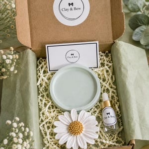 May include: A cardboard gift box containing a light green circular tray, a white daisy-shaped object with a gold centre, and a small glass dropper bottle. The box features a Clay & Bow logo sticker and a matching rectangular card inside.