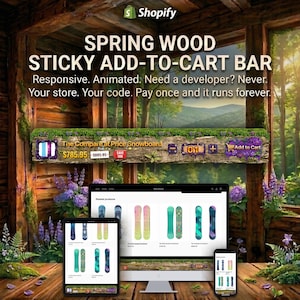 Op de afbeelding: Een advertentie voor een Shopify add-to-cart bar, weergegeven op een desktopcomputer, tablet en smartphone. De advertentie bevat de tekst "SPRING WOOD STICKY ADD-TO-CART BAR" en toont een snowboardproduct met een prijs van €723,85.