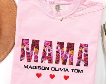 Personalized Mama Shirt, With Kids Names, Floral Patchwork Mom Tee, Mother's Day Gift for Mom, Birthday Gift, First Time Mom, New Nom gift: