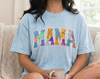 Floral MAMA Shirt, Vintage Mama Tee, Colorful Patchwork Letters Shirt, Comfort Colors Style, Cute Mom Gift, Mother’s Day Outfit Tee.