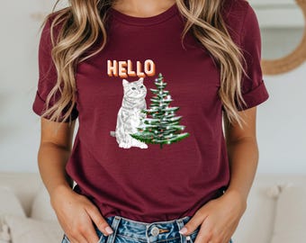 Funny Christmas T-shirt with a cat design, Comfort Colors® Christmas T-shirt with Christmas tree design, cute Christmas T-shirt, festive ..