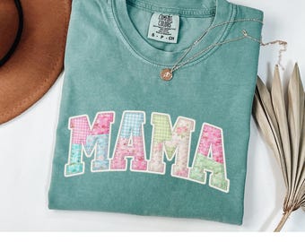 Comfort Colors® Custom Patchwork Style Floral Mama T-shirt Mama Core Shirt Faux Mom Spring Mama Tee Varsity Mom Tee Quilt Patchwork Mama