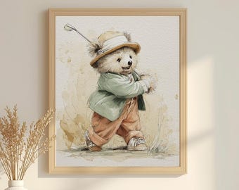 Baby Bear Golf Print | Vintage Nursery Decor (Digital Download)