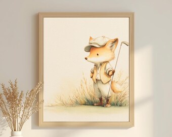 Fox Golf Art Print | Watercolor Woodland Nursery Decor (Digital Download)