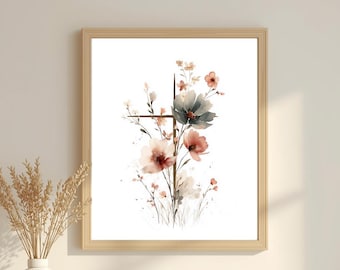 Botanical Cross Watercolor Printable | Delicate Christian Floral Faith Artwork