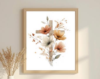 Floral Cross Christian Watercolor Printable | Elegant Faith Botanical Wall Art