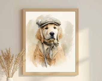 Golden Retriever Golf Art Printable | Vintage Nursery Wall Art