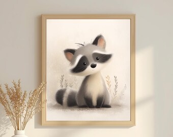 Könnte beinhalten: Ein gerahmter Kunstdruck mit einer niedlichen Waschbär-Illustration. Der Waschbär ist in weichen, gedämpften Farben dargestellt, mit einer schwarzen Maske, grauem Fell und einem flauschigen Schwanz. Das Kunstwerk ist vor einem neutralen Hintergrund platziert und erzeugt eine charmante und skurrile Ästhetik.