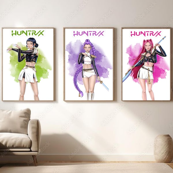 Kpop Demon Hunters Poster Huntrx Fan Art Wanddruck für K-Pop Demon Hunter Fans Rumi Zoey Mira Poster Set von 3 Anime Kpop Girl Schlafzimmer Kunst