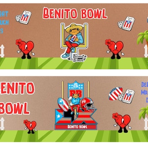 Könnte beinhalten: Zwei Banner mit braunem Hintergrund und grünem Gras am unteren Rand. Der Text "BENITO BOWL" ist rot dargestellt. Das Bild enthält einen Frosch mit Hut und Football sowie weitere Grafiken.