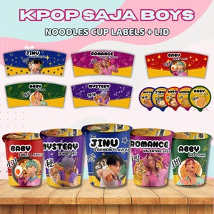 May include: A collection of KPOP SAJA BOYS noodles cup labels and lids. The cups feature images of people and text such as "JINU", "ROMANCE", "BABY", "MYSTERY", and "ABBY". The lids have similar designs. The cups are on a wooden surface.
