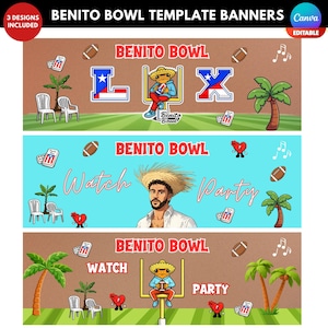 Könnte beinhalten: Drei Benito Bowl Vorlagenbanner. Das obere Banner ist braun mit Fußbällen, Noten und einer Cartoonfigur. Das mittlere Banner ist hellblau mit dem Text "Watch Party" und einem Porträt. Das untere Banner ist braun mit dem Text "Watch Party".