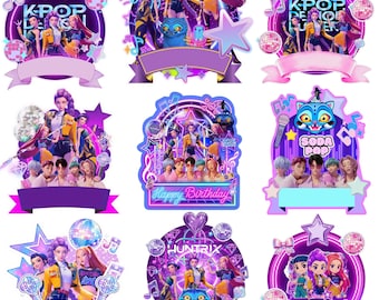 Bundel K-Pop Demon Hunters-taarttopper | 9 bewerkbare Huntrix-png | Verjaardagstaart en cupcaketoppers | K-Pop Demon Hunter-feestdecoraties