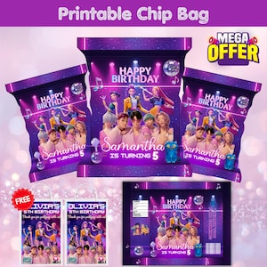 May include: Purple chip bag design with a birthday theme. The bag features the text "HAPPY BIRTHDAY" and "Samantha IS TURNING 5". The design includes illustrations of people, musical notes, and a blue cat. Additional bags and a gift bag are also shown.