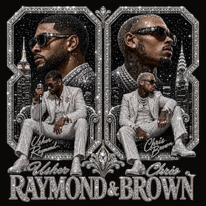 May include: A black graphic print featuring two men in sparkling suits, one labeled Usher Raymond and the other Chris Brown. The design includes city skylines, ornate diamond-like frames, and the text Raymond & Brown in a metallic font style.