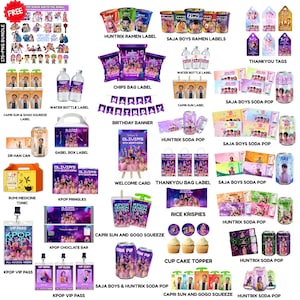 May include: A collection of party supplies featuring a K-pop theme. Items include labels for ramen, chips, and soda, along with water bottle labels, Capri Sun pouches, cupcake toppers, and a birthday banner. There are also VIP passes and thank you tags.