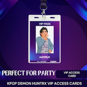 May include: A white VIP pass with a black lanyard. The pass features a purple and blue gradient background and a cartoon illustration. Text includes "VIP PASS", "HUNTRAX", and "ALL ACCESS". The words "PERFECT FOR PARTY" and "VIP ACCESS CARD" are also visible.