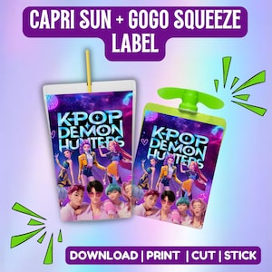 Puede incluir: Dos etiquetas de bolsas de jugo con el texto "KPOP DEMON HUNTERS" y el texto "CAPRI SUN + GOGO SQUEEZE LABEL". Una etiqueta tiene una pajita, la otra tiene una tapa verde. El texto inferior dice "DOWNLOAD | PRINT | CUT | STICK".