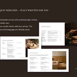 May include: Image of a dark brown background with text and images of documents. The text reads "NOT JUST DESIGNED - FULLY WRITTEN FOR YOU." The documents include "PACKAGE OPTIONS," "ADD-ON SERVICES," and "OUR PROCESS."